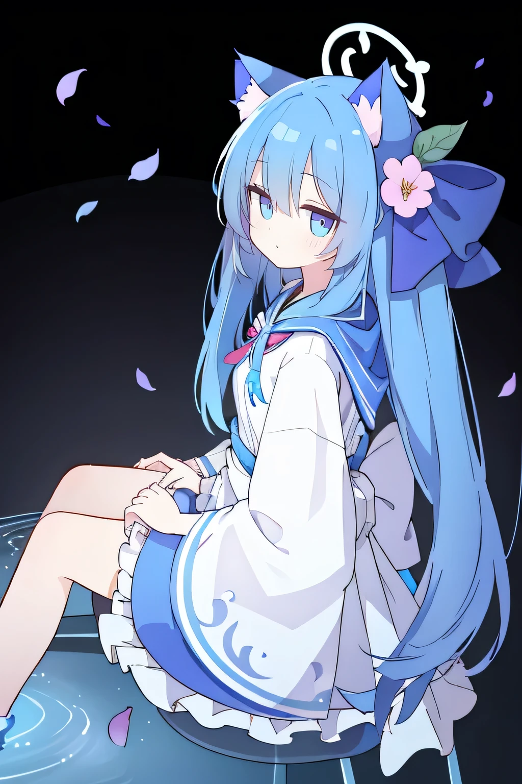 （masterpiece：1.2），Super detailed，lifelike，Expressive eyes，fair skin，perfect face shape，1 girl，
Japanese comics,Gorgeous blue hair,flowing blue hair,flowing clothes,Cat ears,Petals fall,beautiful lola,Baby Angel,
Shaking head with one hand，Cross your legs，Gentle and peaceful background，The pavilion is cool and comfortable,smile, wearing hoodie, background of tokyo,back views，Looking up from below。