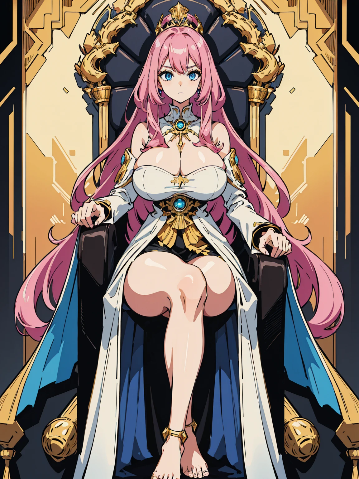 1 confident woman with floor-length pink hair, huge and big breasts, Futuristic royal costume in white with black and gold details, tall woman, blue detailed eyes, sitting on the throne of skulls , judgmental look, golden metal skulls, sovereign pose, cyberpunk queen