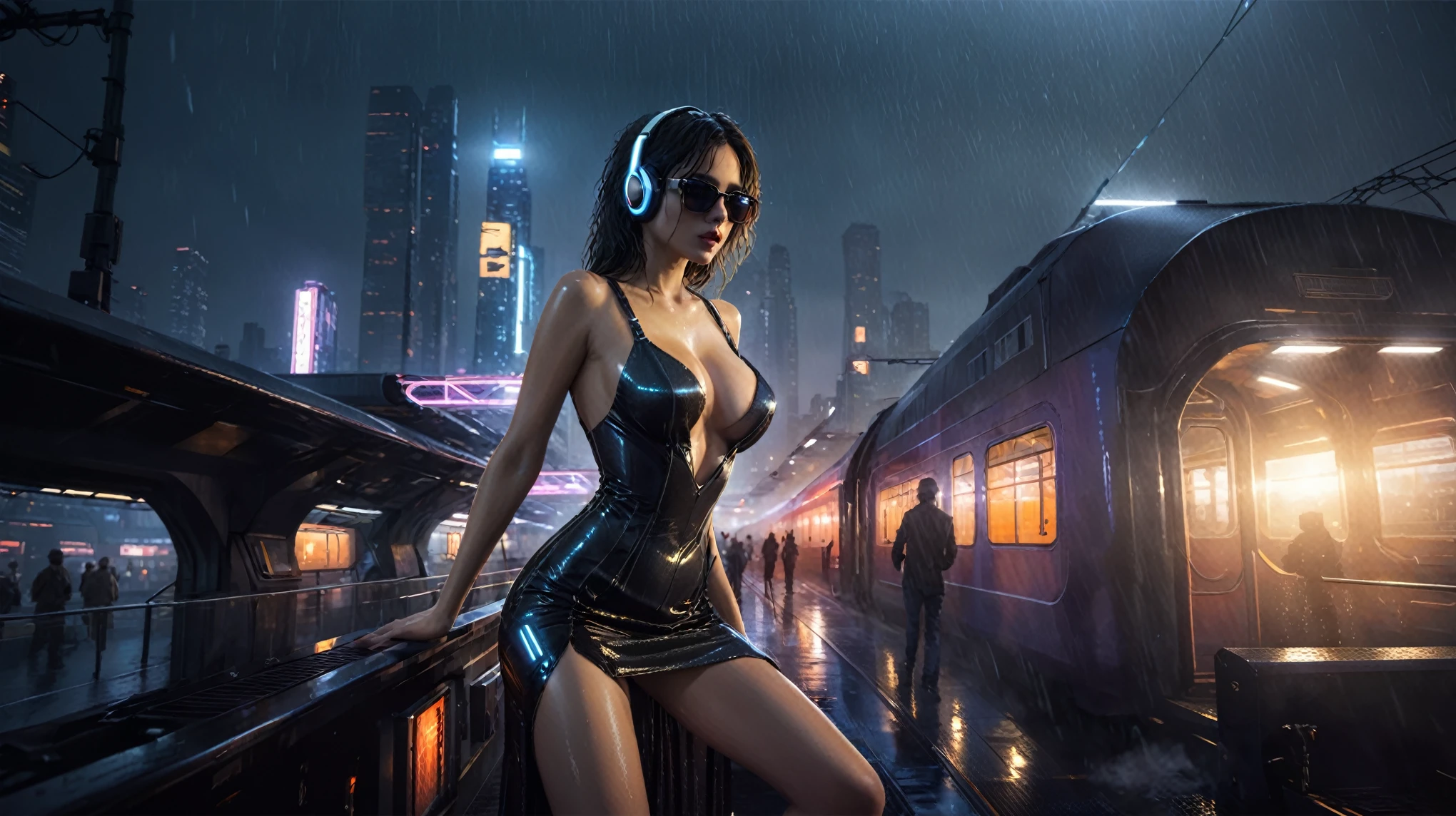 (((aerial view))), Blade Runner style futuristic railway platform, hi-tech train, neon lights, rainy night. (1girl, solo, alone), large-breast:1.2 slim body, cleavage:1.1, sexy wind blowing wet dress:1.4, headphone, (micro:0.8 black sunglasses), (((she raised a pistol:1.8 and shot:1.8 the viewer))), dynamic pose, (((half-body thigh level medium shot))), cinematic lighting, lens flare, ray tracing, zoom-in blurred:1.4 background.
