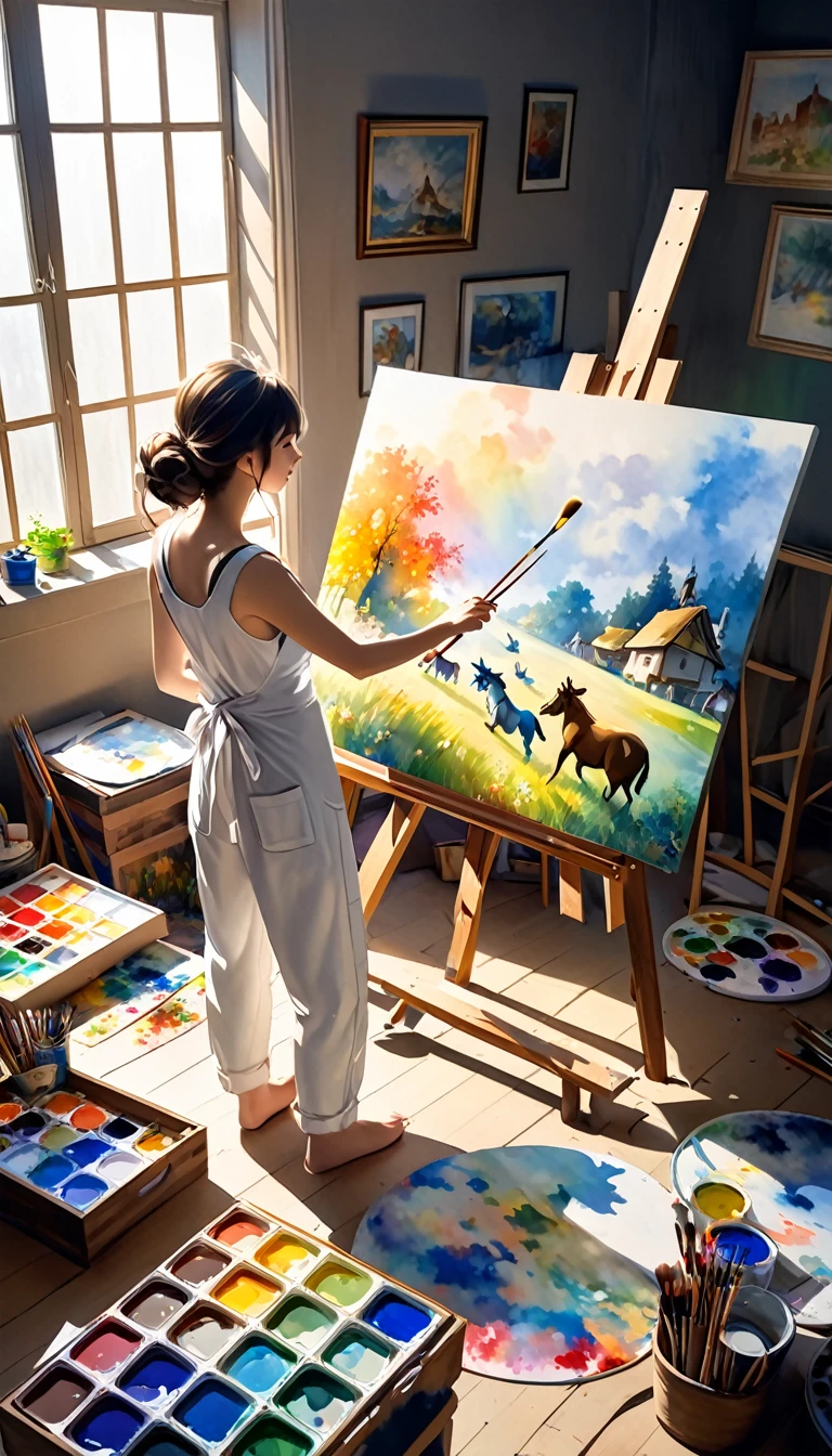 from the back and above, beautiful woman is (painting scene from the Grimm fairy tale "The Bremen Town Musicians" depicting the marching animals on canvas), (focus on canvas painting:1.5), tied up hair, wearing (white tank top, ivory work pants, apron, paint is splashed here and there), sunlight shines into a dimly lit room, the room is cluttered with art supplies, conceptual installation art, 2.5D, delicate and dynamic, fusion of watercolors and oil paintings, magic of vivid color shades and contrasts, gradation, foggy filter effects