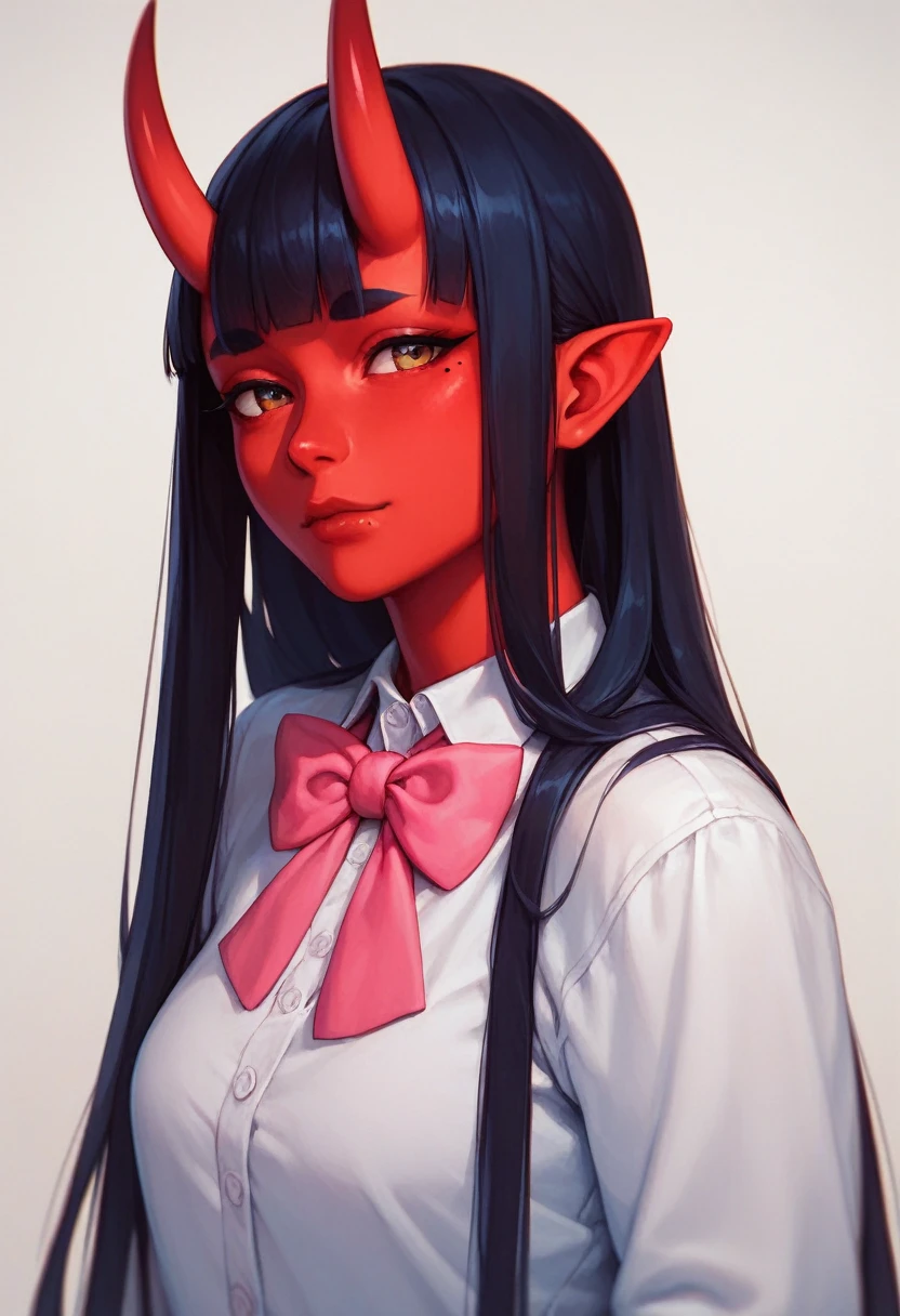 (masterpiece, best quality), 1girl, beautiful face, beautiful body, meruccubus, red oni, colored skin, red skin, pointy ears, long hair, mole, oni, blunt bangs, , pink bowtie, school background