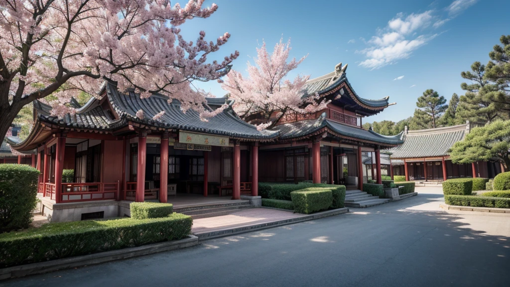 a Chinese house in the center and pink Chinese trees to the sides, 4k, realistic