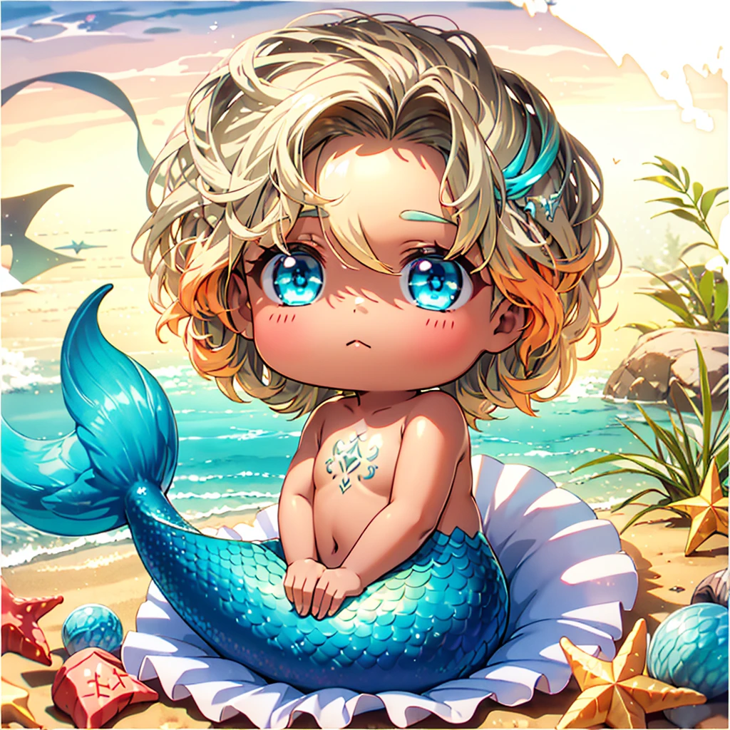 Baby Mermaid Girl, ((((DARK SKIN)))) ((SHORT OMBRE MULTICOLOR HAIR)), Teal Hair Mixed With Brown Hair, White Mermaid Tail, Rune Tattoos, Circlet