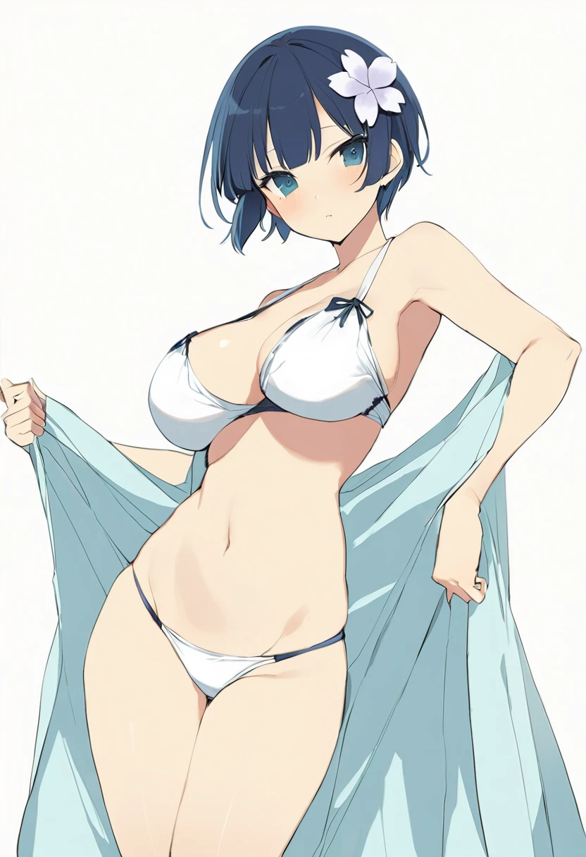 masterpiece, best quality, 
yozakura (senran kagura), 1girl, solo, short hair, blue hair, blue eyes, large breasts, hair ornament, hair flower, 
flower, emblem, 
white background, looking at viewer, 

white bikini, 