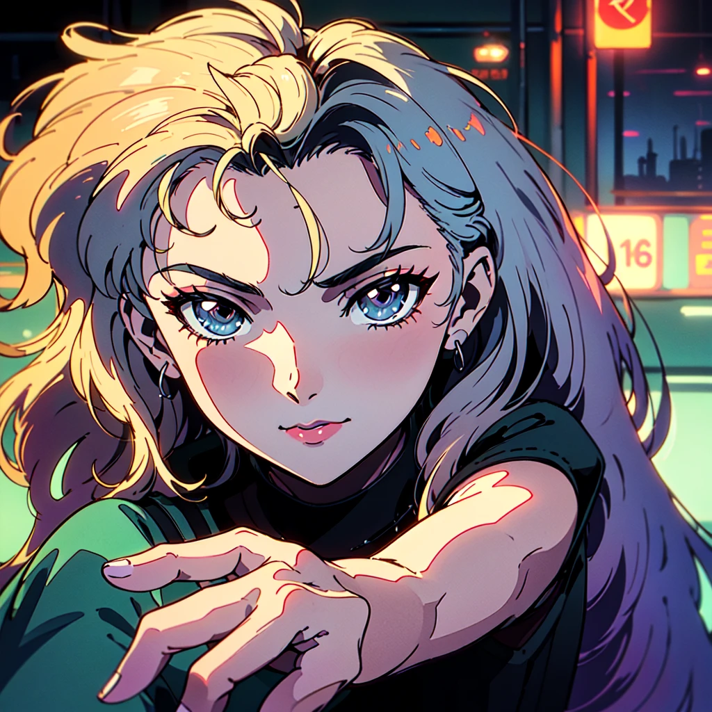 A city pop poster with a retro 80s feel、Imagine the album cover。With the highest quality anime illustrations、There is one blonde girl with short hair.。Her eyes shine blue、Dressed in rapper style clothing、He has a blue rose tattoo on his neck.、I'm wearing headphones。
The image is in a dynamic pose.、Drawn from a novel angle。Created in high definition like 4K、Creates the feeling of being in a dark room。The room was lit by blue lights.、It has a fantastic atmosphere。The room is a small space like a 1K.、The window offers a view of downtown Shinjuku.。
This work depicts a night city enveloped in neon lights.、This will be a record that allows you to fully enjoy the charm of city pop.。