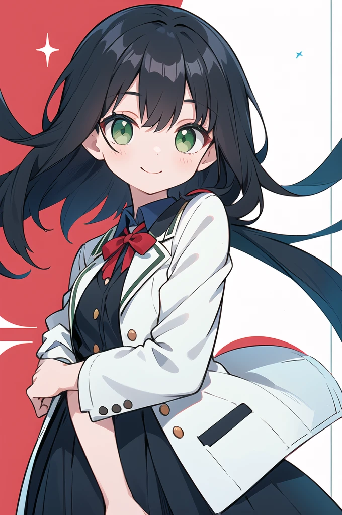 One girl, High resolution, masterpiece, Highest quality, Black Hair, Medium Short, smile, Green Eyes, A blazer with a white, black, navy blue and red motif, High , low length, Dairy-free, Small