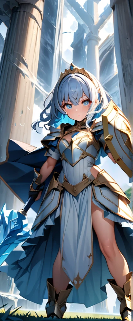 (Perfect Anatomy)、Mastepiece、Ultra High Quality、 8K、masterpiece、Highest quality、Ultra-high resolution、Maximum resolution、Very detailed、Professional Lighting、anime、woman、thin、so beautiful、Highly detailed eye、Highly detailed face、Armored Dress, Blue and white armor, , Golden decorated luxury tiara,Golden earrings,Frilly Armor,Light blue hair, blue eyes,White underwear、grassland, full body, dynamic angle, dynamic pose, Heroic pose, pillars of ice, (((long sword))), (((shield))), Powerful pose, Defending with water magic, Making eyes glow
