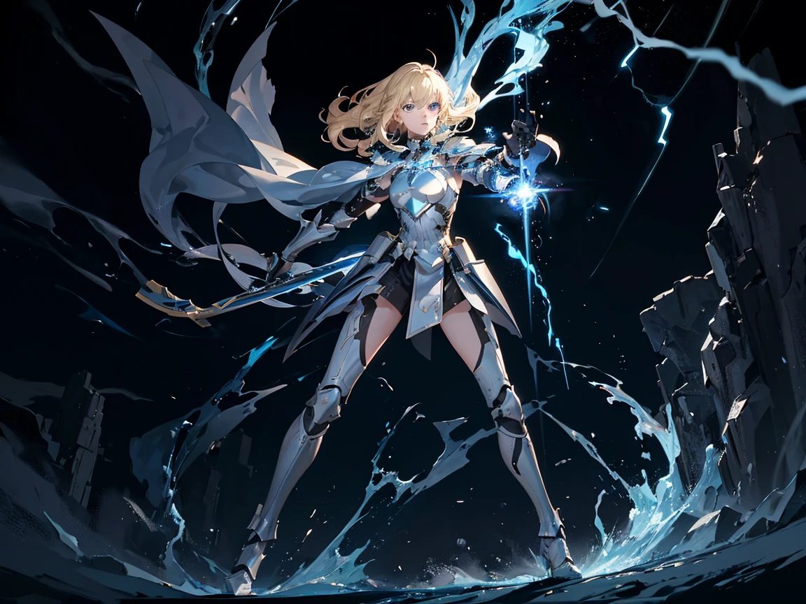 18 years old, blond hair, flowing blond hair, blue eyes, in a full body black armor, futuristic, masterpiece, high quality, with a lightning energy in hand, shoulders exposed, gloves, ready to fight pose, 4k, overhead view, solo character