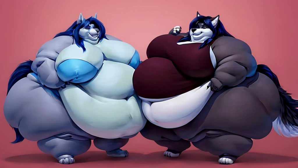 A gorgeous extremely morbidly obese female wolf , long hair , huge belly , huge breasts, huge body,huge thighs , double chin, chubby cheeks duo