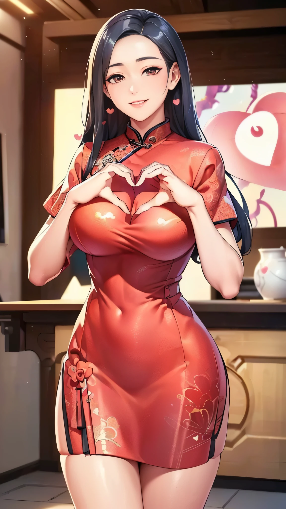 (masterpiece:1.2, Highest quality,High resolution,Very detailed),8k,wallpaper,1 female,(((Ray Tracing))),1 girl,A woman is standing,Thick thighs,front,look at me,((smile)),Beautiful cheongsam,(((Beautiful female hands,Detailed hands))),(((Heart Hands:1.5))),(((Intricate designs and patterns inspired by Asian art)))