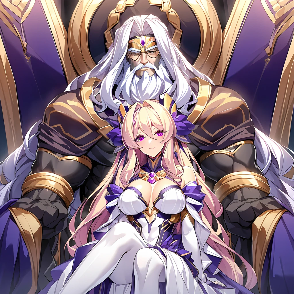 ((Highest quality)), ((masterpiece)), (detailed), (Perfect Face)、Women are divine in both mind and body, like the Greek goddess Hera.々Hera, the wife of Zeus, king of the gods、The woman is the queen of the one and only god, Zeus, the goddess Hera. She has medium-long hair, an engagement ring, and gorgeous accessories. She is an elegant, graceful, and beautiful goddess, and is the wife of Zeus.、The woman is seen sitting on a magnificent temple throne in company with the majestic, bearded, elderly god Zeus.、The man is a dignified, bearded old man named Zeus, who is embracing a woman.