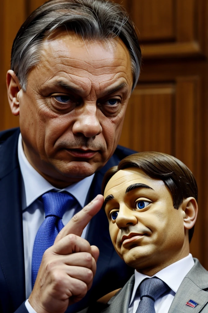 Viktor Orban as a puppet on the hand of Vladimir Putin
