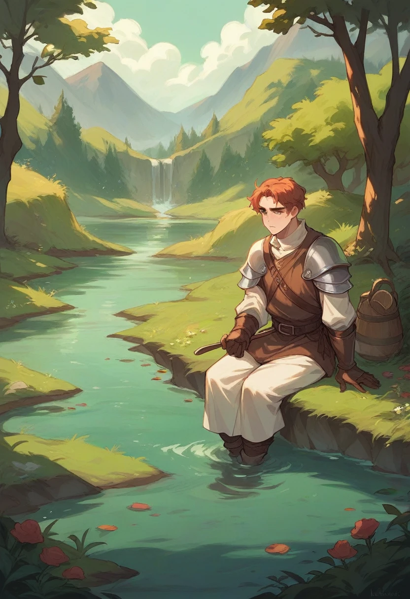 A medieval knight sitting on the banks of the river after the battle