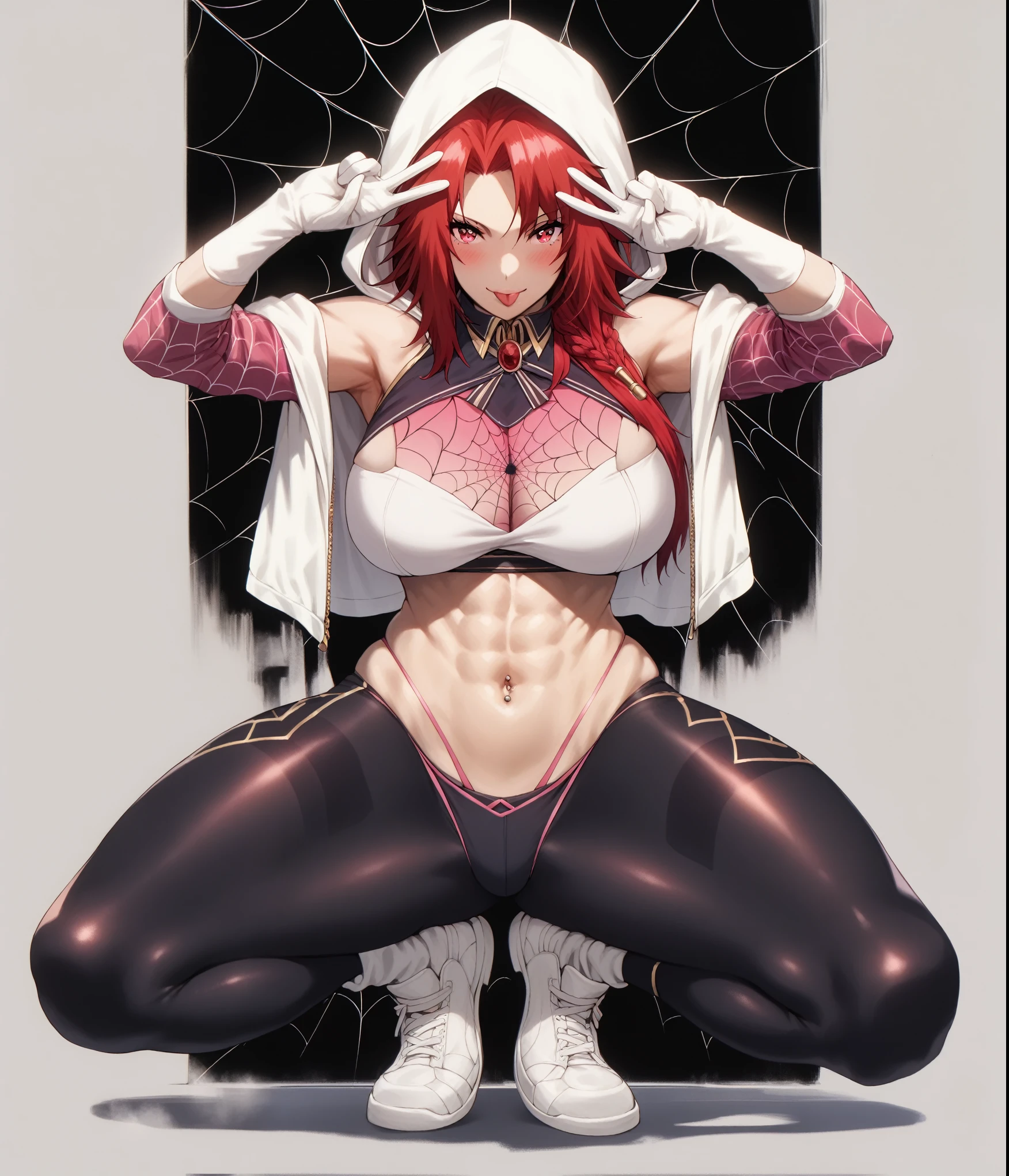 (asura art style:0.7), (hero neisan art style:0.7), score_9, score_8_up, score_7_up, score_6_up, Iris Midgar, red hair, long hair, braid, red eyes, BREAK (masterpiece:1.2), best quality, high resolution, (detailed eyes:1.3), perfect lighting, (perfect hands, perfect anatomy), large breasts, 1girl, breasts, tongue out, tongue, solo, hood, navel, squatting, piercing, large breasts, navel piercing, looking at viewer, pink panties, spider web print, panties, abs, underwear, smile, armpits, gloves, toned, full body, adapted costume, v-sign, blush, white footwear, white hood, tiptoes, jacket, spread legs, bokeh, city, street, shimmering light effect, glow effect, 