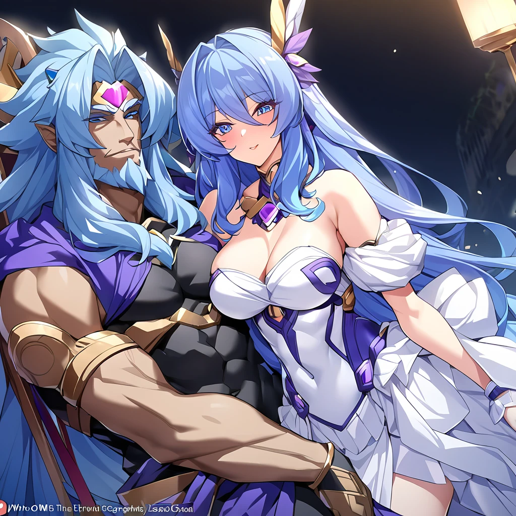 ((Highest quality)), ((masterpiece)), (detailed), (Perfect Face)、The woman is a goddess, Extia, who became the Greek goddess Hera.々Hera, the goddess of marriage and wife of Zeus, king of the gods、The woman is the queen of the one and only god Zeus, the goddess Hera. She has medium-long blue hair, an engagement ring, gorgeous accessories, and is an elegant goddess. She is the graceful and beautiful queen of the gods, Hera.、As the goddess Hera, the woman loved Zeus and served him as his wife.、Zeus embraces and loves the woman, Hera.
