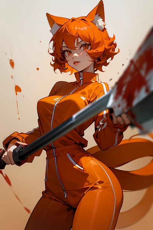 Mature girl, short orange hair ending in soft curls, orange eyes, full lips, orange catgirl ears and tail, wearing bloody track suit, wielding bloody hatchet