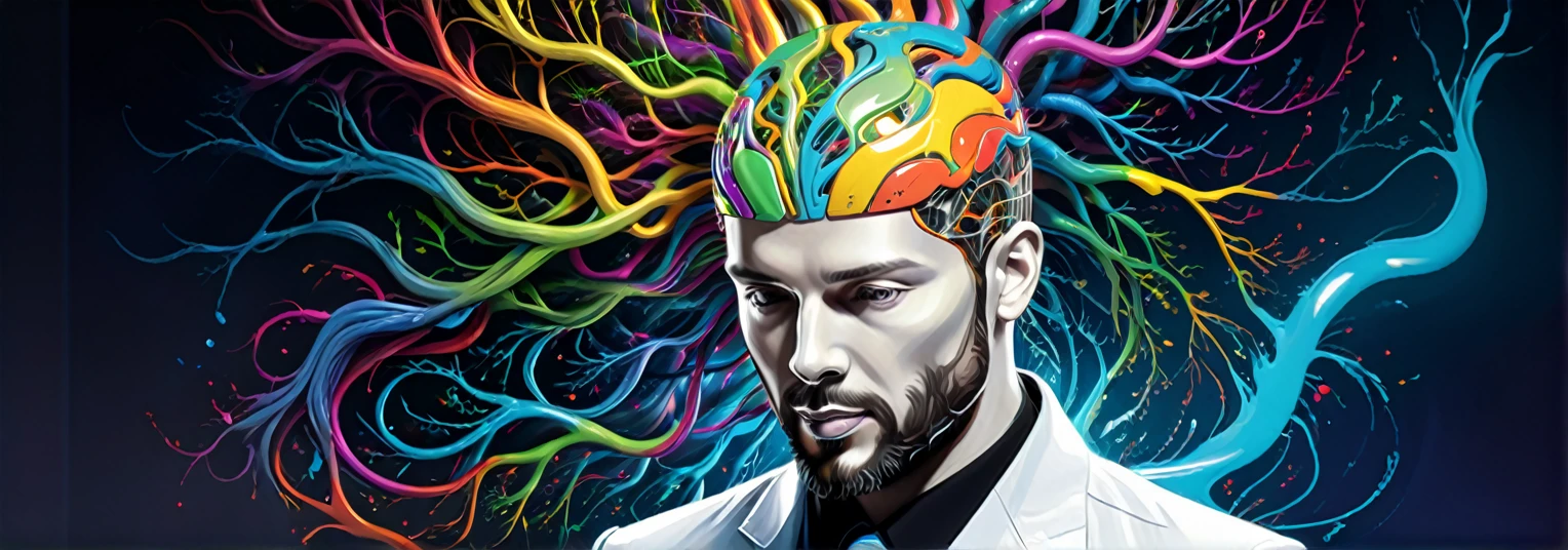An intricately detailed digital painting of a Neuro-Linguistic Programmer (NLP) in action, utilizing advanced cognitive techniques for mentoring, coaching and discovering new insights. The NLP practitioner is illustrated in a dynamic pose, fully engaged in using complex language patterns to facilitate change and growth, ambient lighting emphasizes the thoughtfulness of the process, accuracy of the techniques of the NLP process, ultra-realistic, enhanced visualization techniques, bursting with color