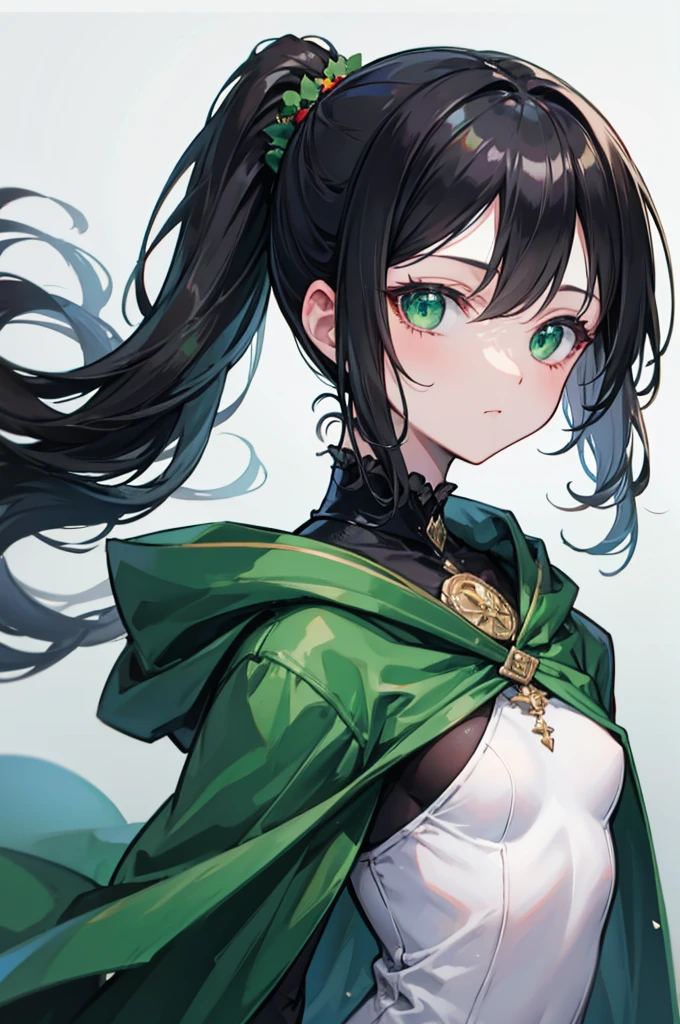 portrait, black hair, long wavy side ponytail, cool, green eyes, dark green cloak, small breasts