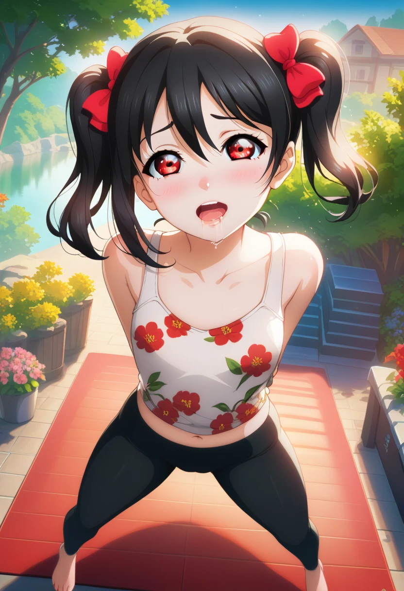 masterpiece, best quality,yazawa nico, black hair, twintails, red eyes, volumetric lighting, illustration, beautiful, tight , Blushing, breasts, looking at viewer, flowers printed tank top, yoga pants,solo, curvy body,floral print, spread legs, seductive , drooling, (arms behind back, head tilt:1.1),(breathtaking scenery:1.1), tree, blushing full body shot, pov, from above, moaning