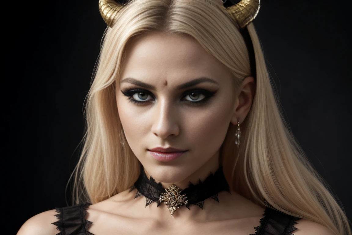 Araffada woman dressed as a demon posing menacingly for a photo., Amazing beauty, Amazing beauty, attractive face and body, attractive woman, a beautiful blonde, beautiful blonde girl, lovely woman, beautiful woman, hermosa beautiful woman, Beautiful blonde woman, beautiful body and face, chica sexy, beautiful detailed body and face, a beautiful young woman, neckline
