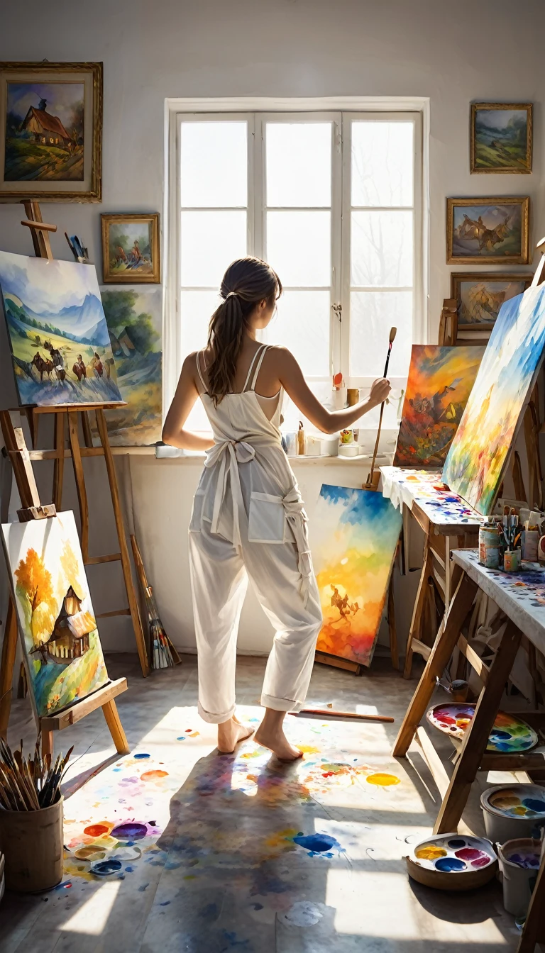 from the back and above, beautiful woman is (painting scene from the Grimm fairy tale "The Bremen Town Musicians" depicting the marching animals on canvas), (focus on canvas painting:1.5), tied up hair, wearing (white tank top, ivory work pants, apron, paint is splashed here and there), sunlight shines into a dimly lit room, the room is cluttered with art supplies, conceptual installation art, 2.5D, delicate and dynamic, fusion of watercolors and oil paintings, magic of vivid color shades and contrasts, gradation, foggy filter effects