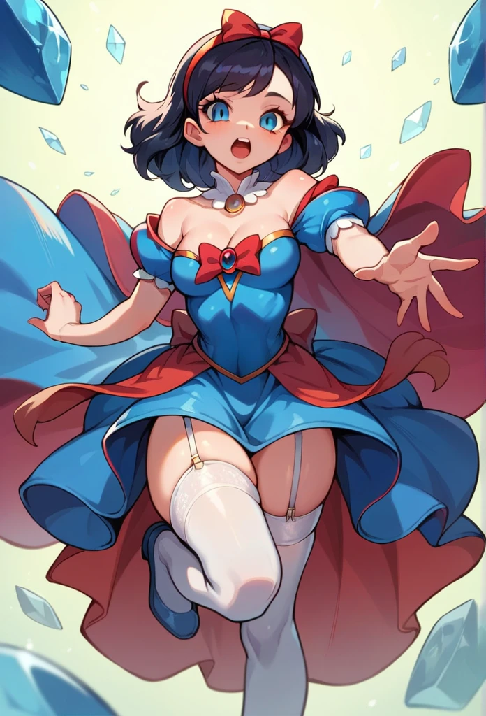 Snow White's dress is iconic and easily recognizable. It features a vibrant blue bodice with a high, white stand-up collar. The sleeves are puffed and striped with red and blue. The skirt is a bright yellow, slit on the side showing her thighs, flowing and full, reaching down to her ankles. The dress is often accessorized with a red ribbon or bow in her hair. The overall look is classic and fairy-tale-like, embodying the innocence and charm of the character, big , deep cleavage, white garter belt