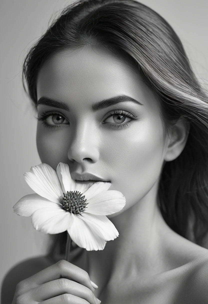 A black and white photo in raw format, zooming in on the intricate details of a woman's face, revealing the delicate lines of her skin and the depth of her expressive eyes. Frame the shot with a solitary striking flower, delicately held in the woman's hand, adding a touch of softness and femininity to the composition, enhancing the dramatic contrast and textures of the monochrome image.