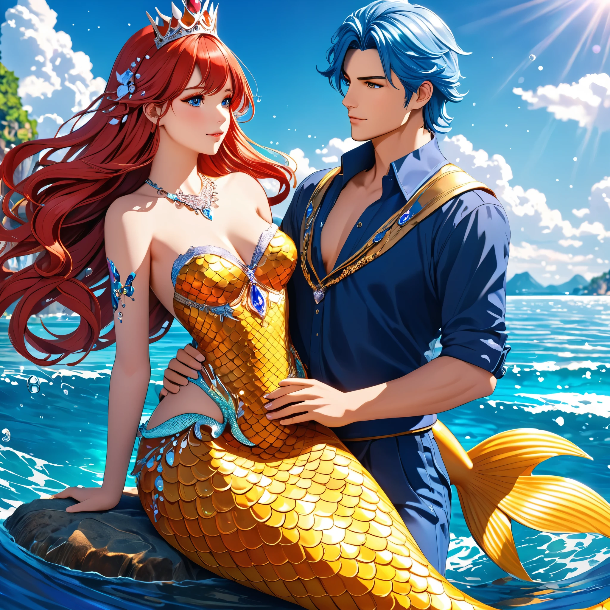 cute 20 year old mermaid queen with red hair wearing a yellow mermaid bra and a crown, she is being held in the arms of her strong and handsome merman king husband with blue hair and a crown in the ocean inside the water, sun is shining, beautiful mermaid, beautiful detailed human face, alluring eyes, elaborated mermaid tail, serene, masterpiece, full body shot, highres, high resolution, high quality, intricate details, extremely detailed, incredible details, full colored, complex details, insanely detailed and intricate, extremely detailed with rich colors. masterpiece, best quality, HDR, UHD, unreal engine, High quality, gorgeous, glamorous, 8k, super detail, gorgeous light and shadow, detailed decoration, detailed lines, glittery, fantasy, pretty colors, anime style, couple picture