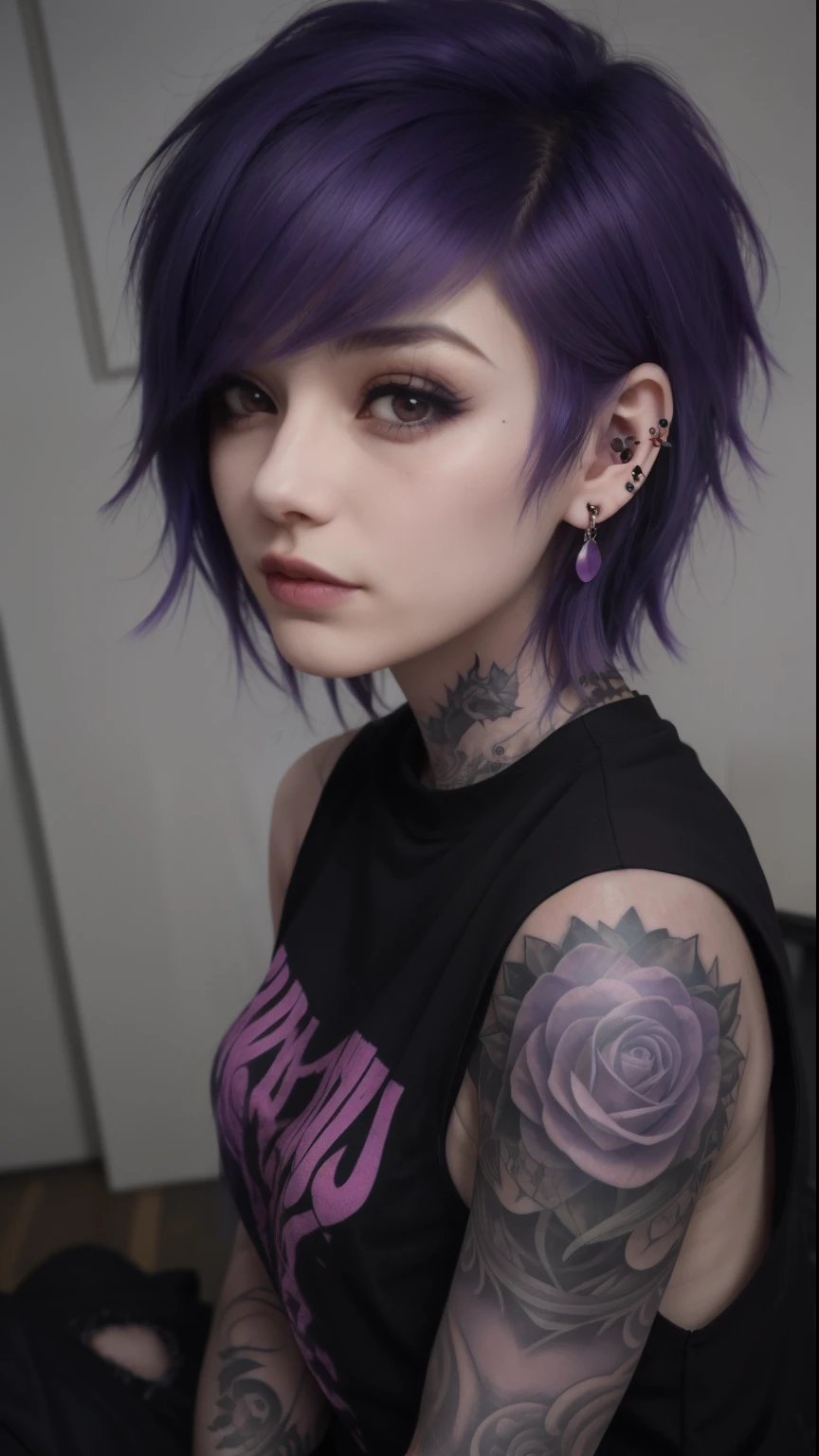 1girl, short emo_hairstyle, purple hair, earrings, tattoos