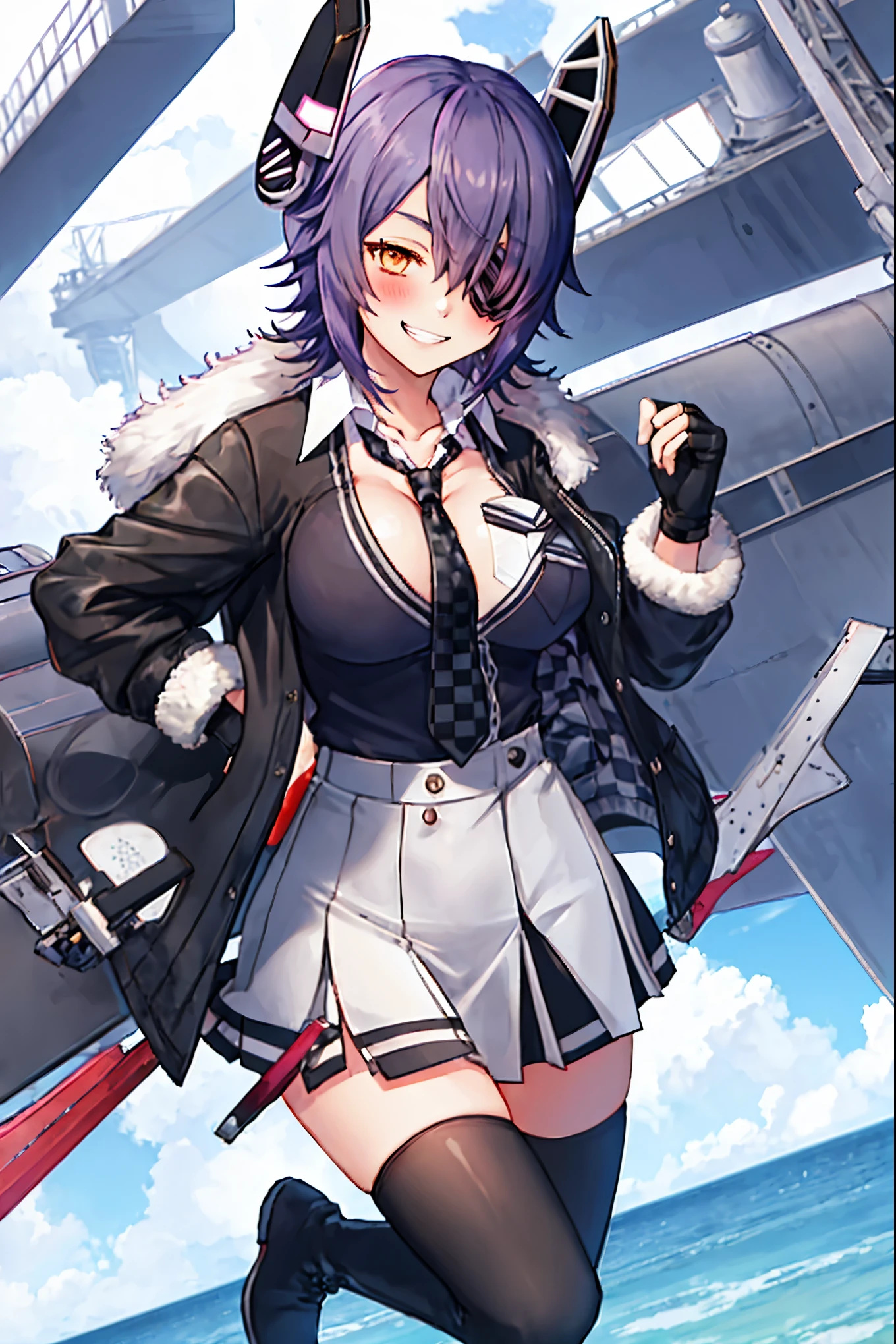 best quality, masterpiece, solo, {tenryuu_kantaicollection:1.15}, _girl, eyepatch, short_hair, purple_hair, closed_eyes, headgear, breasts, necktie, large_breasts, smile, 1girl, blush, checkered_necktie, hair_over_one_eye, shirt, collared_shirt, white_shirt, jacket, sleeveless, brown_eyes, fur-trimmed_jacket, fur_trim, collarbone, looking_at_viewer, pocket, breast_pocket, ,, messy_hair, black_gloves, gloves, partially_fingerless_gloves,harbor_road_landscape_background,outdoor,short_skirt,thigh-highs,boots,sunlight,from_below,grin,happy,smile,happiness