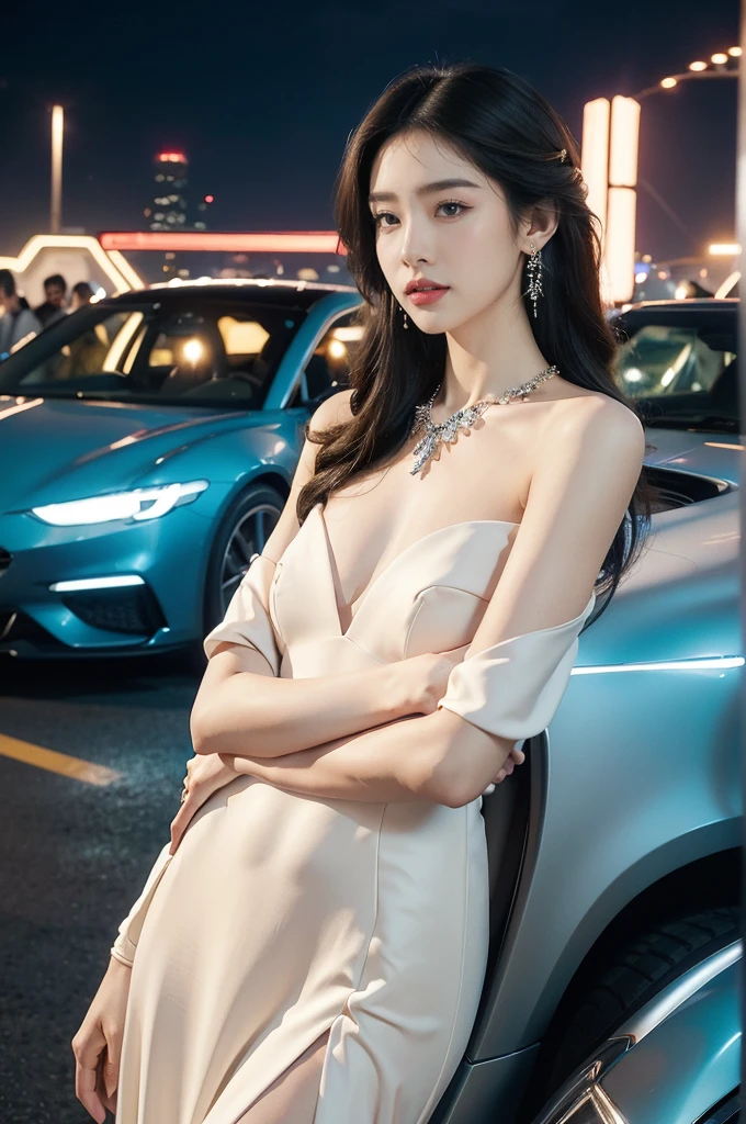 (((best quality))),(((ultra detailed))),(((masterpiece))),illustration,((1girl,gorgeous female model,solo)),((earrings,crystal necklace)),((slim,thin)),((small breasts,flat chest)),(slender legs:1.2),(standing:1.3),(beside a sleek futuristic car:1.3),(glamorres sparkled gown:1.3),intricate embellishments,drop-dead gorgeous,(shoulder length straight hair:1.2),vibrant piercing eyes,delicate facial features,rosy cheeks,parted res lips,confident allure,beauty grace,intricate patterns,shimmering fabric,elegant draping,complementary skin tone,radiates beauty,allure,sleek streamlined design,futurism,smooth curves angles,ambient lighting,ethereal aura,intricate patterns,LED lights,glow,sea of activity,(surrounded by crowded crowds:1.3),examine cars,electric atmosphere,cyberpunk style,excitement anticipation,energy palpable,enthusiasm future automobiles,modern elegance,technological innovation,captivating vibrant scene,invite viewers step into future,embrace beauty,((from front,upper body))