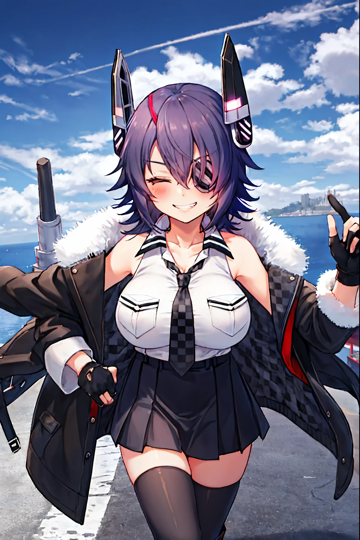 best quality, masterpiece, solo, {tenryuu_kantaicollection:1.15}, teen_girl, eyepatch, short_hair, purple_hair, closed_eyes, headgear, breasts, necktie, large_breasts, smile, 1girl, blush, checkered_necktie, hair_over_one_eye, shirt, collared_shirt, white_shirt, jacket, sleeveless, brown_eyes, fur-trimmed_jacket, fur_trim, collarbone, looking_at_viewer, pocket, breast_pocket, ,, messy_hair, black_gloves, gloves, partially_fingerless_gloves,harbor_road_landscape_background,outdoor,short_skirt,thigh-highs,boots,sunlight,from_below,grin,happy,smile,happiness
