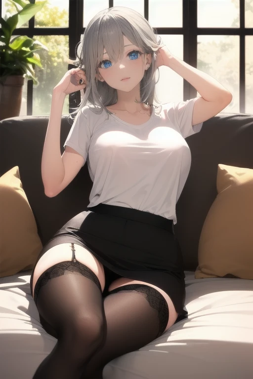 (((1 girl)),Ray Tracing,(Dim lighting),[Detailed Background (living room)),((Silver Hair)),(Silver Hair)),((Fluffy Silver Hair, Plump and slim girls)) Raised ponytail))) Avoid golden eyes in the ominous living room ((((The girl is wearing a white opaque shirt, Black wrinkled skirt and black transparent stockings), Showing off a delicate, slender figure and graceful curves, Correct limbs, Put your hands behind your head, Put your hands behind your head, Put your hands behind your head , Eye details, Beautiful Eyes, Delicate eyes, blue eyes