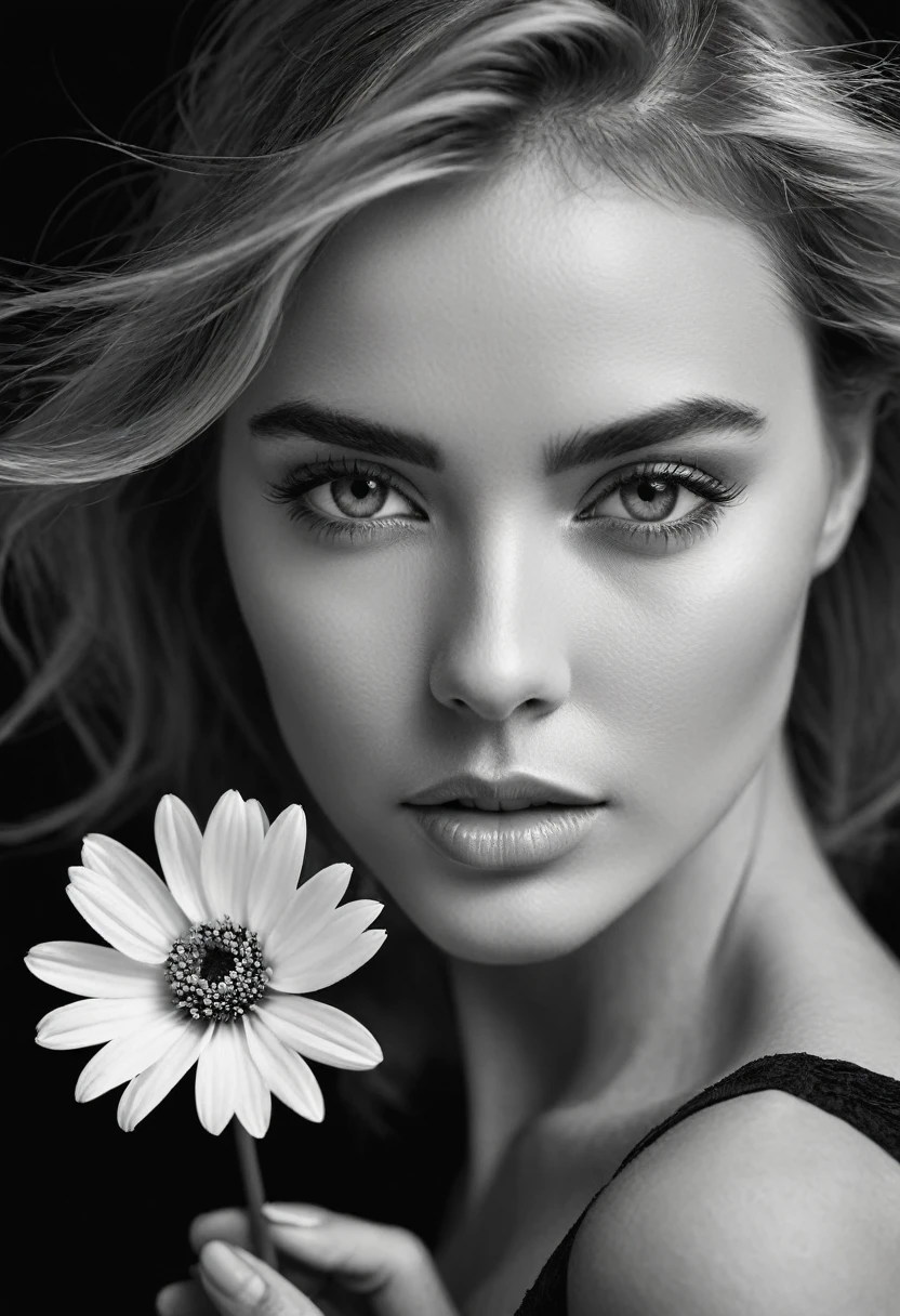 A black and white photo in raw format, zooming in on the intricate details of a woman's face, revealing the delicate lines of her skin and the depth of her expressive eyes. Frame the shot with a solitary striking flower, delicately held in the woman's hand, adding a touch of softness and femininity to the composition, enhancing the dramatic contrast and textures of the monochrome image.