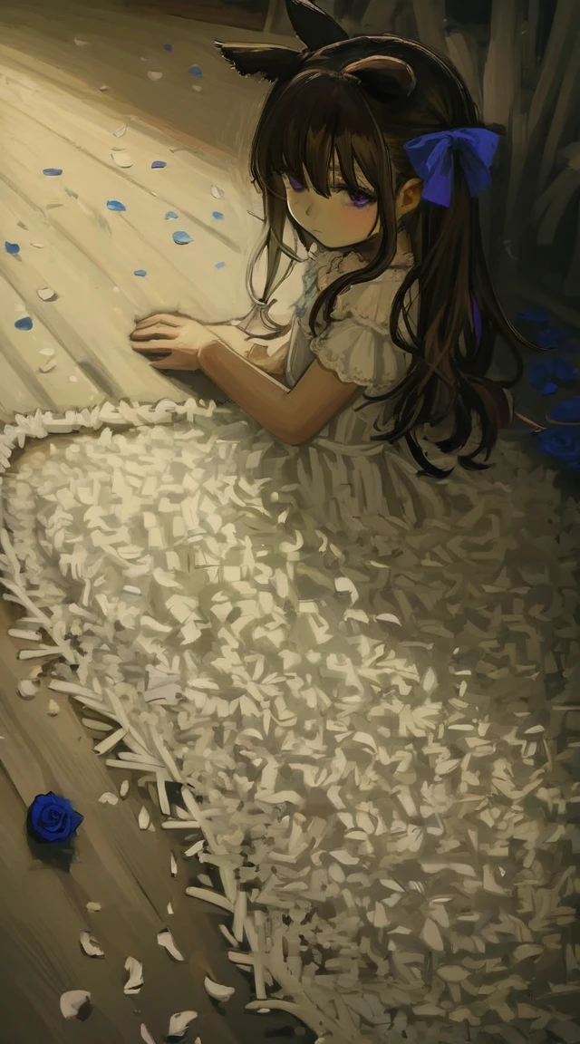 best quality, aesthetic, detailed, by iwzry, by solipsist, 1girl, young girl, rice shower, brown hair, hair over one eye, long hair, horse ears, horse tail, purple eyes, squiggle, black rose, blue bow, blue ribbon, blue rose, purple rose, rose petals
BREAK
wedding dress, (dark room), dramatic lighting, shadow dim light, head on