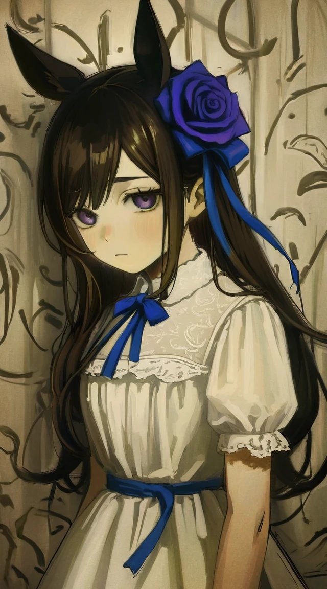 best quality, aesthetic, detailed, by iwzry, by solipsist, 1girl, young girl, rice shower, brown hair, hair over one eye, long hair, horse ears, horse tail, purple eyes, squiggle, black rose, blue bow, blue ribbon, blue rose, purple rose, rose petals
BREAK
wedding dress, (dark room), dramatic lighting, shadow dim light, head on