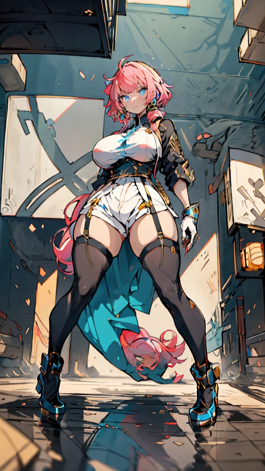 独奏, 1 confident woman with floor-length pink hair, huge and big breasts, Futuristic royal costume in white with black and gold details, tall woman, blue detailed eyes,  , judgmental look, golden metal skulls, sovereign pose, cyberpunk queen
