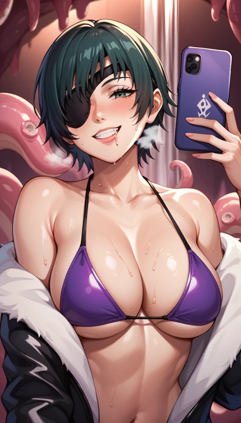 mature female, mature, Adult, himeno, himeno(Chainsaw Man), 1girl, black hair, short hair, eyepatch, solo, blush, phone, octopus symbol, seductive smile, grin, aroused, in heat, nsfw, steam, breath, sweat, drooling, Villains, chest, View your audience, latex purple bikini under the slimy pink tentacle coat, Night cave, Night waterfall, Dark, masterpiece, Top animation quality,Top image quality,