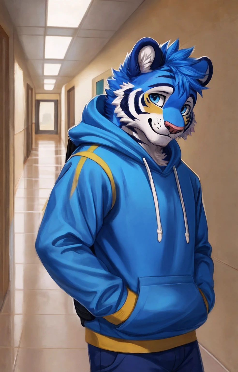 Furry tiger male, wearing hoodie in school. Shiny furry, muscular body, shy smile, wearing backpack. School corridor
