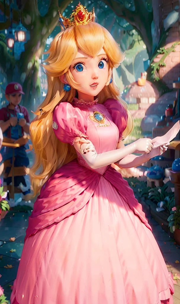 absurdres, 1girl,medium breast, star eye, (princess peach), blush, (realistic:1.5), (blue eyes:0.8), (masterpiece, Extremely detailed CG unity 8k wallpaper, best quality, highres:1.2), (ultra_detailed, UHD:1.2), (pixiv:1.3), perfect illumination, distinct, (1girl:1.4), (bishoujo:1.2), looking at viewer, unreal engine, sidelighting, perfect face, detailed face, bangs, perfect body, beautiful eyes, pretty face, (bright skin:1.4), idol, ulzzang-6500-v1.1, castle,