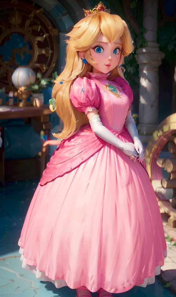 absurdres, 1girl,medium breast, star eye, (princess peach), blush, (realistic:1.5), (blue eyes:0.8), (masterpiece, Extremely detailed CG unity 8k wallpaper, best quality, highres:1.2), (ultra_detailed, UHD:1.2), (pixiv:1.3), perfect illumination, distinct, (1girl:1.4), (bishoujo:1.2), looking at viewer, unreal engine, sidelighting, perfect face, detailed face, bangs, perfect body, beautiful eyes, pretty face, (bright skin:1.4), idol, ulzzang-6500-v1.1, castle,