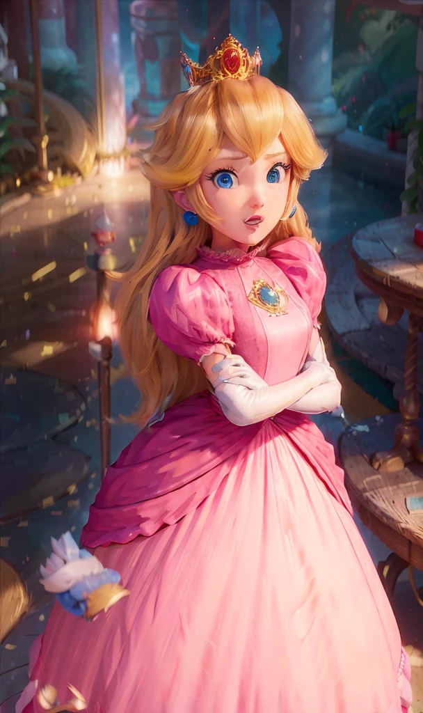 absurdres, 1girl,medium breast, star eye, (princess peach), blush, (realistic:1.5), (blue eyes:0.8), (masterpiece, Extremely detailed CG unity 8k wallpaper, best quality, highres:1.2), (ultra_detailed, UHD:1.2), (pixiv:1.3), perfect illumination, distinct, (1girl:1.4), (bishoujo:1.2), looking at viewer, unreal engine, sidelighting, perfect face, detailed face, bangs, perfect body, beautiful eyes, pretty face, (bright skin:1.4), idol, ulzzang-6500-v1.1, castle,