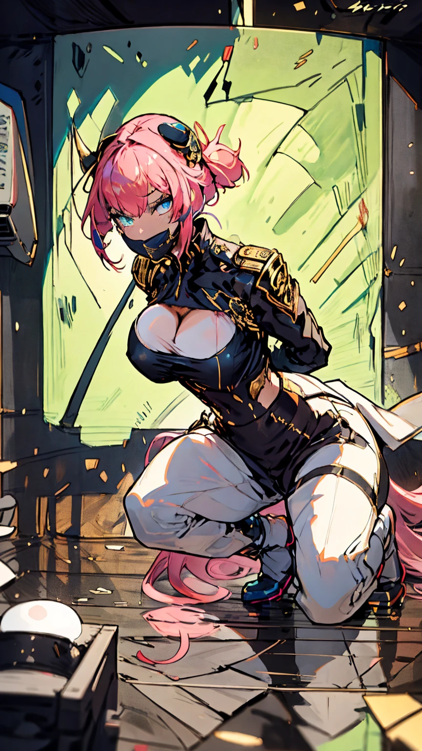 独奏, 1 confident woman with floor-length pink hair, huge and big breasts, Futuristic royal costume in white with black and gold details, tall woman, blue detailed eyes,  , judgmental look, golden metal skulls, sovereign pose, cyberpunk queen
