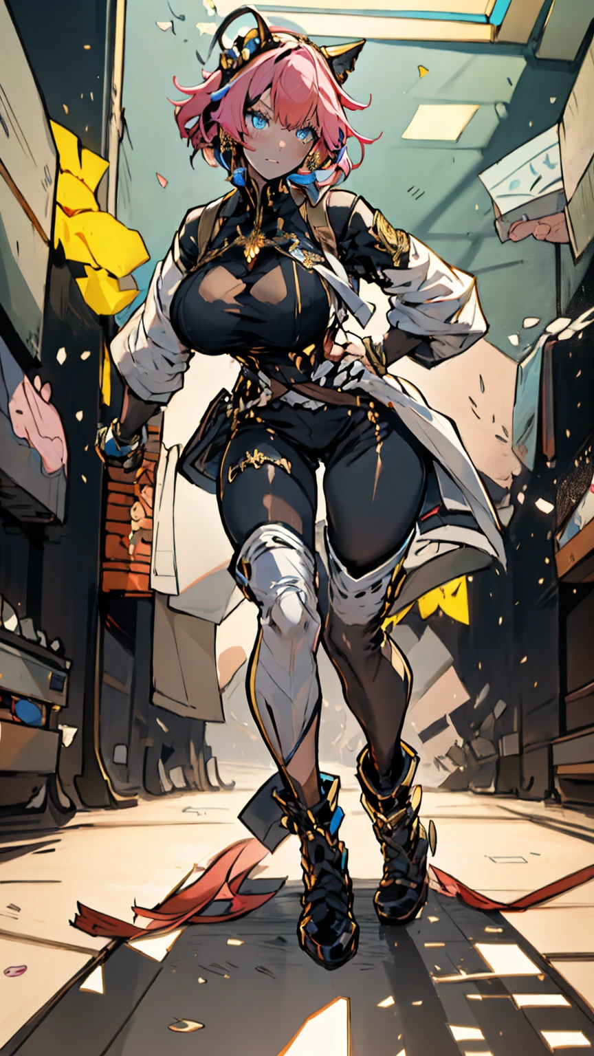 独奏, 1 confident woman with floor-length pink hair, huge and big breasts, Futuristic royal costume in white with black and gold details, tall woman, blue detailed eyes,  , judgmental look, golden metal skulls, sovereign pose, cyberpunk queen
