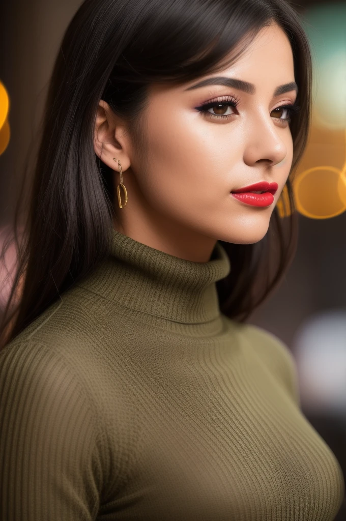 photo of extremely sexy (d3n1s3m1l4n1:0.99), a woman as a sexy student, (closeup portrait:1.2), ( tight ribbed long sleeve turtleneck sweater), at a cantina sitting bar (masterpiece:1.5) (photorealistic:1.1) (bokeh) (best quality) (detailed skin texture pores hairs:1.1) (intricate) (8k) (HDR) (wallpaper) (cinematic lighting) (sharp focus), (eyeliner), (painted lips:1.2), (earrings), (((sfw)))
