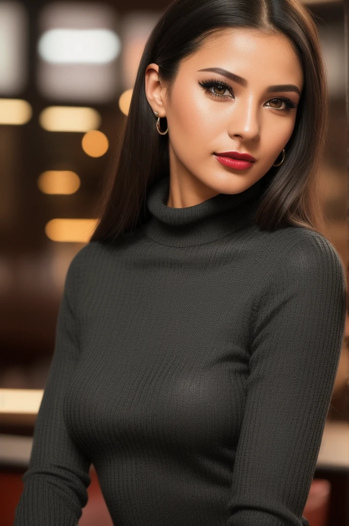 photo of extremely sexy (d3n1s3m1l4n1:0.99), a woman as a sexy student, (closeup portrait:1.2), ( tight ribbed long sleeve turtleneck sweater), at a cantina sitting bar (masterpiece:1.5) (photorealistic:1.1) (bokeh) (best quality) (detailed skin texture pores hairs:1.1) (intricate) (8k) (HDR) (wallpaper) (cinematic lighting) (sharp focus), (eyeliner), (painted lips:1.2), (earrings), (((sfw)))