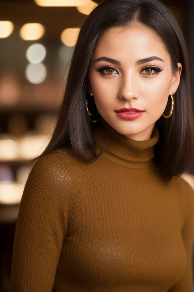 photo of extremely sexy (d3n1s3m1l4n1:0.99), a woman as a sexy student, (closeup portrait:1.2), ( tight ribbed long sleeve turtleneck sweater), at a cantina sitting bar (masterpiece:1.5) (photorealistic:1.1) (bokeh) (best quality) (detailed skin texture pores hairs:1.1) (intricate) (8k) (HDR) (wallpaper) (cinematic lighting) (sharp focus), (eyeliner), (painted lips:1.2), (earrings), (((sfw)))