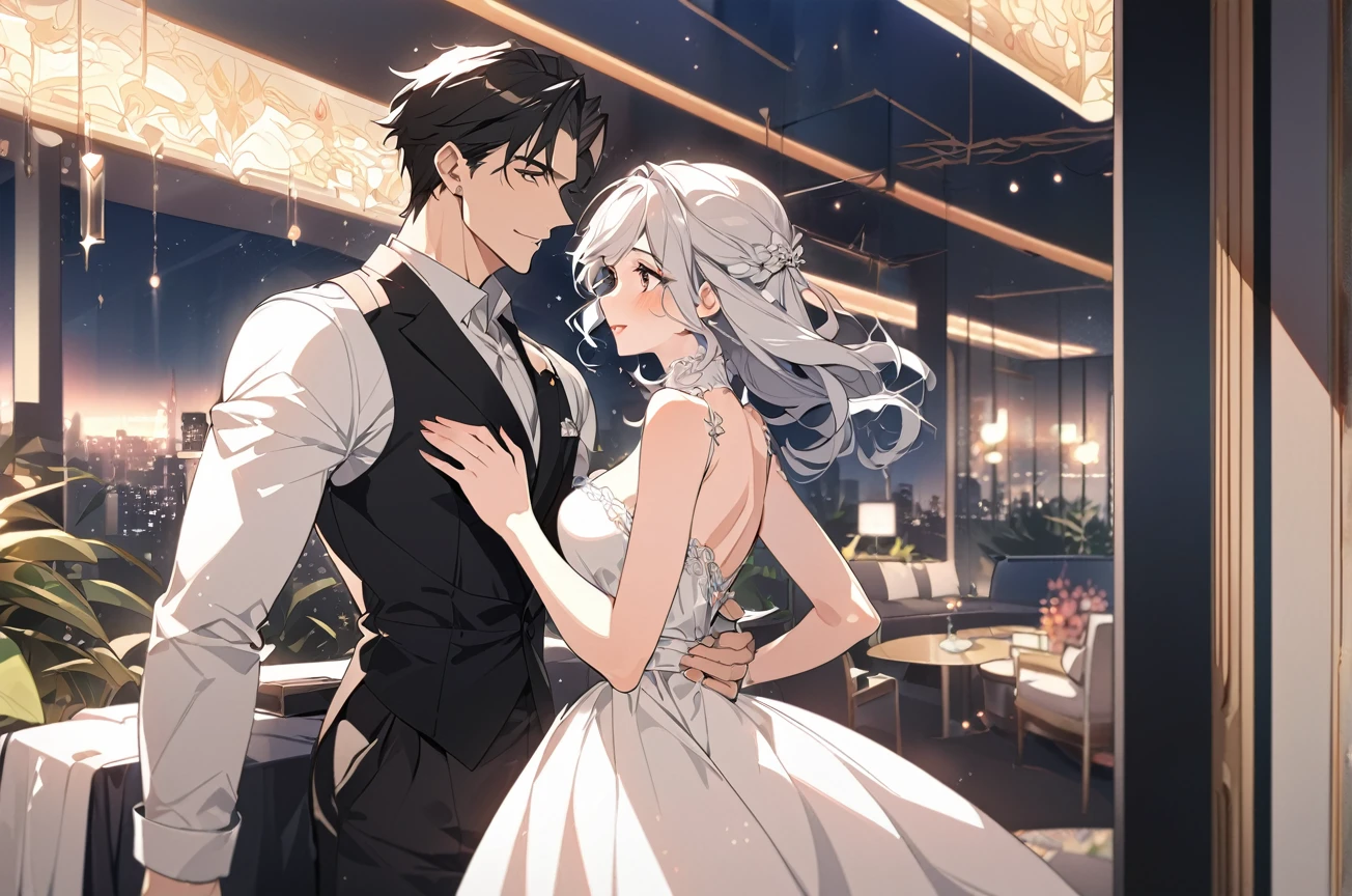 Vector, 8k, high resolution, high quality, romantic couple, lovers , just like in manhwa , anime style, beautiful woman and handsome man, celebrity and CEO