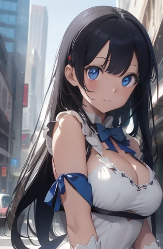 danmachiHestia, Hestia, blue eyes, Black Hair, long hair,Large Breasts、 
break barefoot, blue bow, blue bowtie, bow, bowtie, Cleavage, Cleavage cutout, Clothing cutouts, dress, gloves, pencil dress, Rei no himo, short dress, white dress, white gloves,
break looking at viewer,
break outdoors, city,
break (masterpiece:1.2), Highest quality, High resolution, unity 8k wallpaper, (figure:0.8), (Beautiful attention to detail:1.6), Highly detailed face, Perfect lighting, Highly detailed CG, (Perfect hands, Perfect Anatomy),