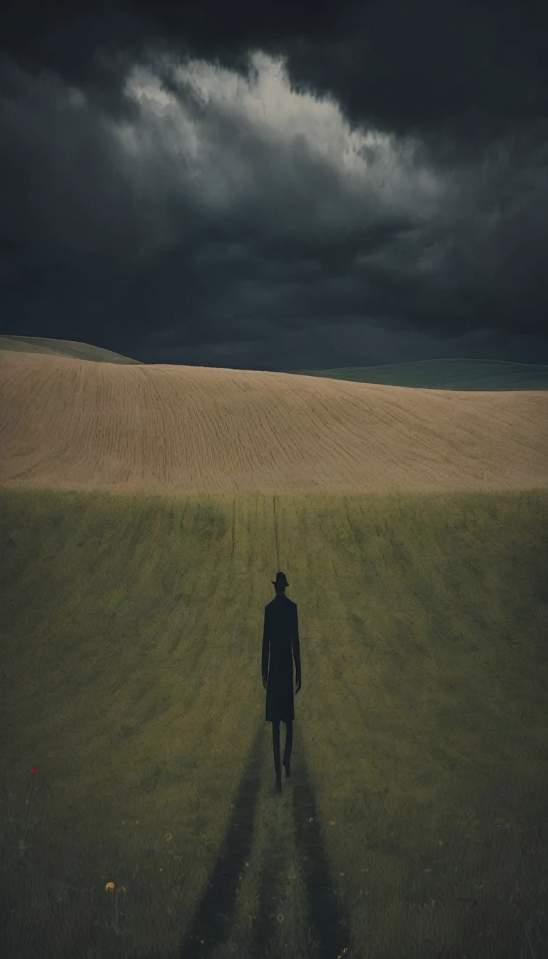 Mixed emotions in a vast field dark man walking alone with a flower in his hand